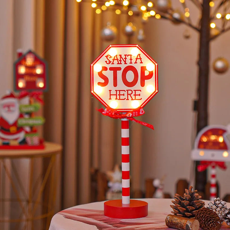 Lampe rétro de Noël LED – Enseigne 'Santa Stop Here'.