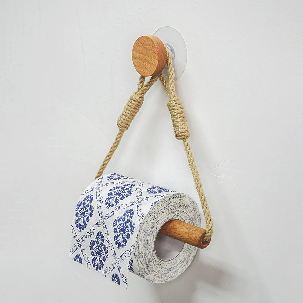 Nail-free Paper Towel Holders Rack Bathroom Towel Hook Toilet Paper Holder Towel Rack Beige Hemp Color